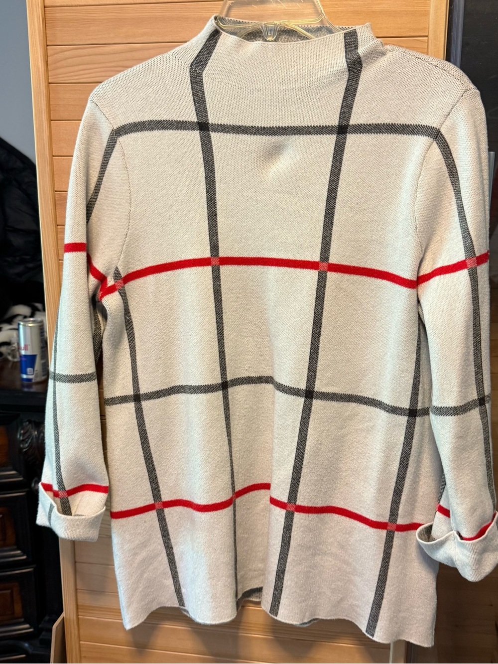 Tahari Cream Windowpane Sweater with Red and Gray Stripes